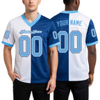 Custom Royal Light Blue-White Split Fashion Football Jersey worn front and back