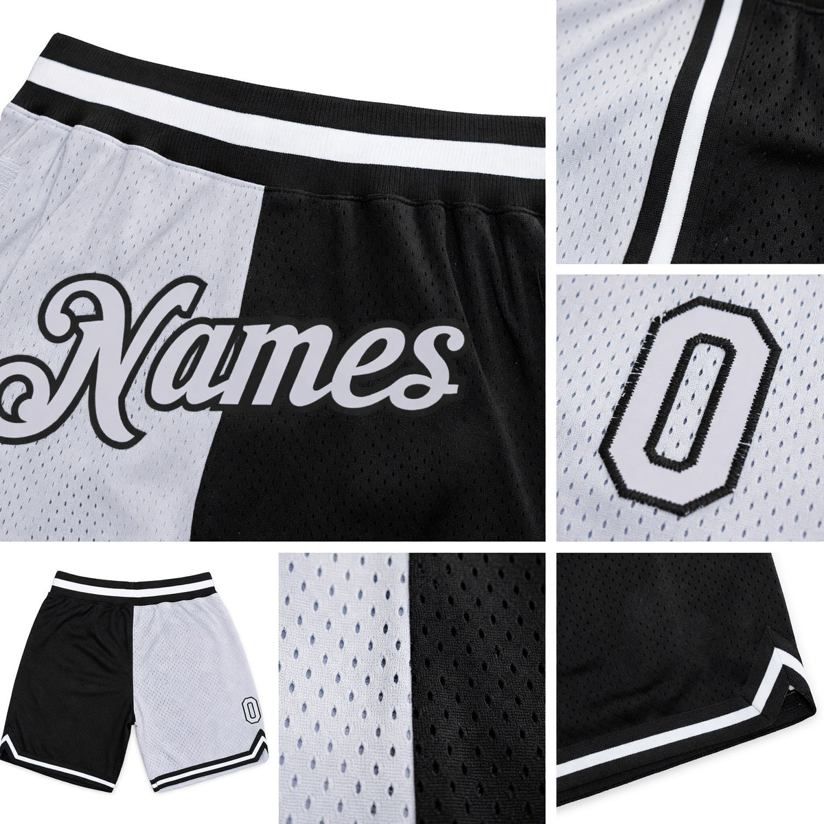 Custom Black White Authentic Throwback Split Fashion Basketball Shorts detail
