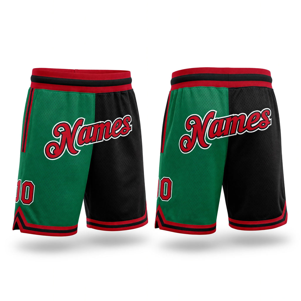 Custom Kelly Green Red-Black Authentic Throwback Split Fashion Basketball Shorts