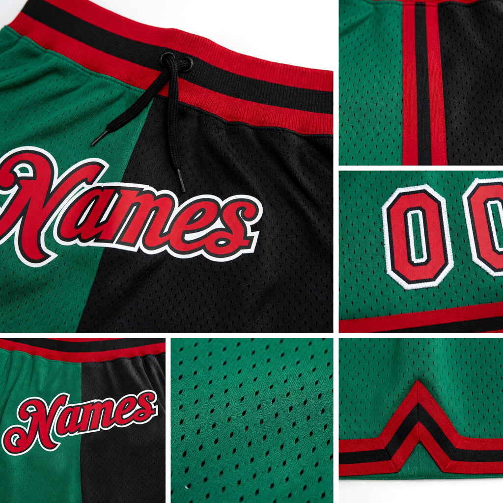 Custom Kelly Green Red-Black Authentic Throwback Split Fashion Basketball Shorts detail