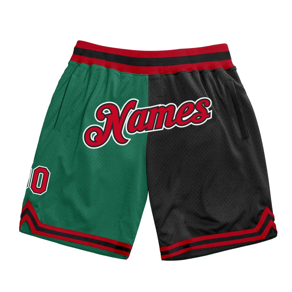 Custom Kelly Green Red-Black Authentic Throwback Split Fashion Basketball Shorts photo 1