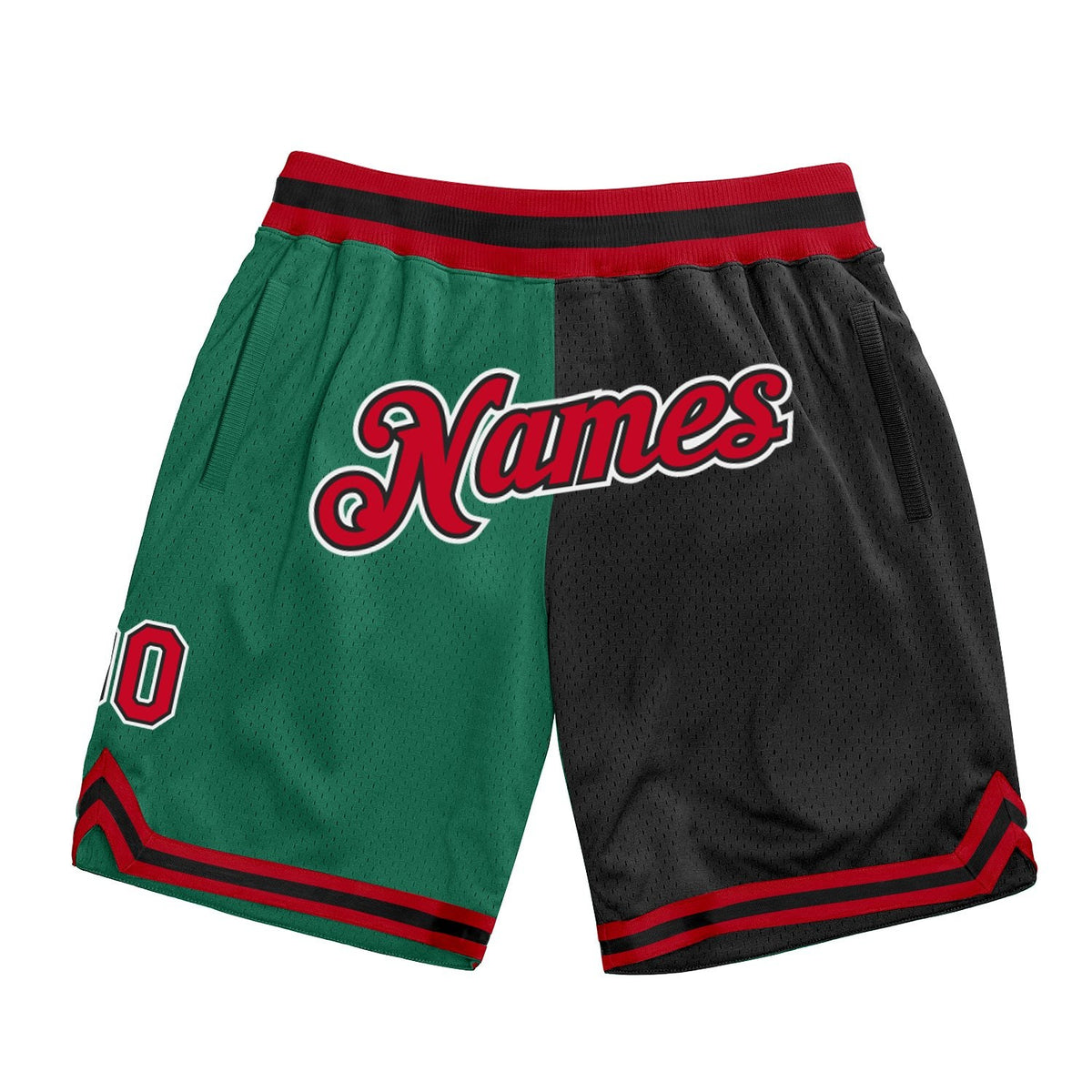 Custom Kelly Green Red-Black Authentic Throwback Split Fashion Basketball Shorts photo 1