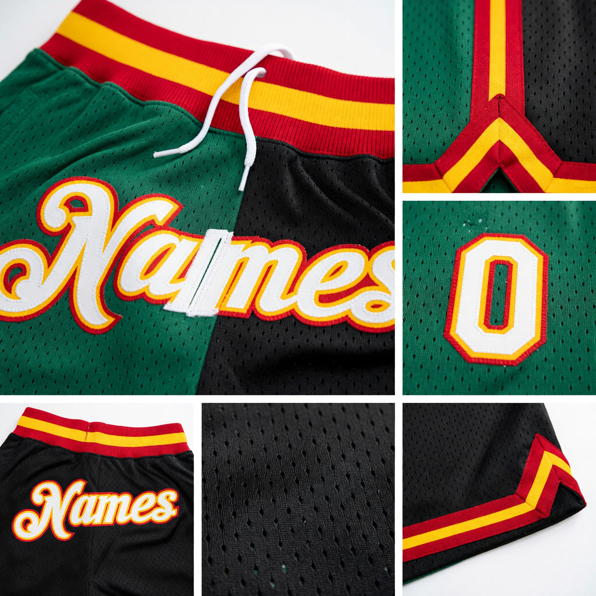Custom Kelly Green White-Black Authentic Throwback Split Fashion Basketball Shorts detail