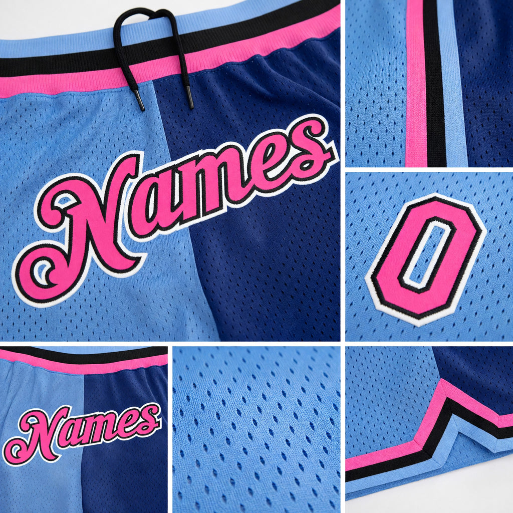 Custom Light Blue Pink-Royal Authentic Throwback Split Fashion Basketball Shorts detail