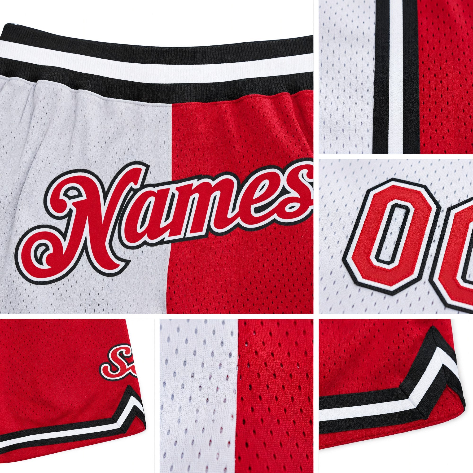 Custom White Red-Black Authentic Throwback Split Fashion Basketball Shorts detail