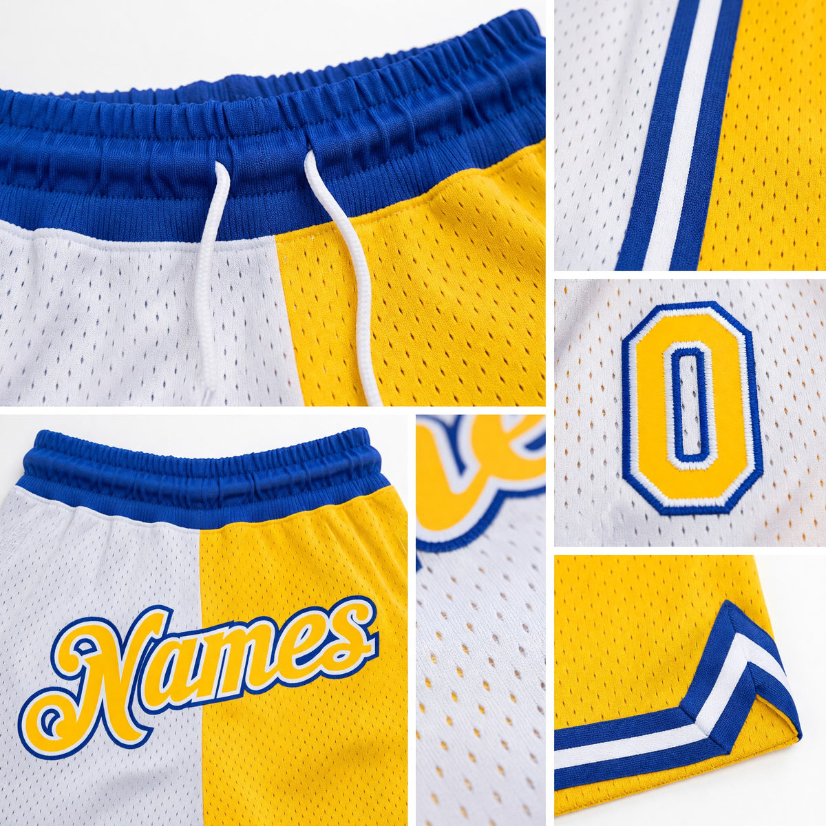 Custom White Gold-Royal Authentic Throwback Split Fashion Basketball Shorts detail