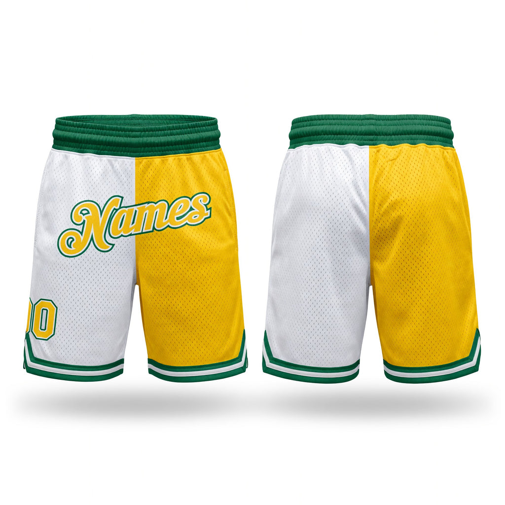 Custom White Gold-Kelly Green Authentic Throwback Split Fashion Basketball Shorts
