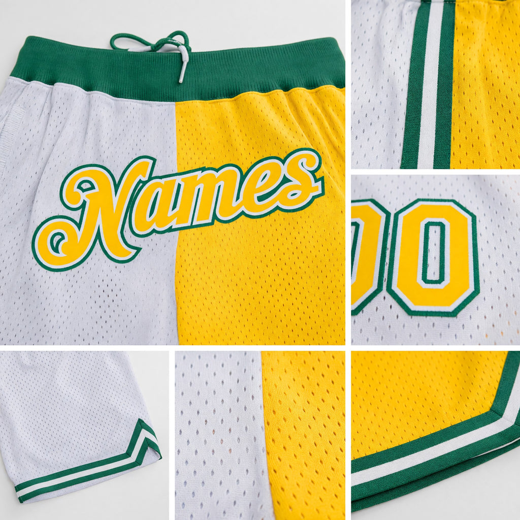 Custom White Gold-Kelly Green Authentic Throwback Split Fashion Basketball Shorts detail