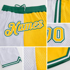 Custom White Gold-Kelly Green Authentic Throwback Split Fashion Basketball Shorts detail