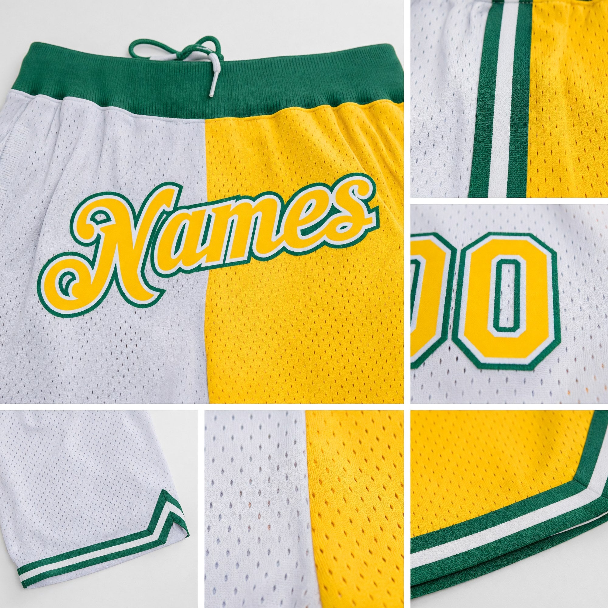 Custom White Gold-Kelly Green Authentic Throwback Split Fashion Basketball Shorts detail