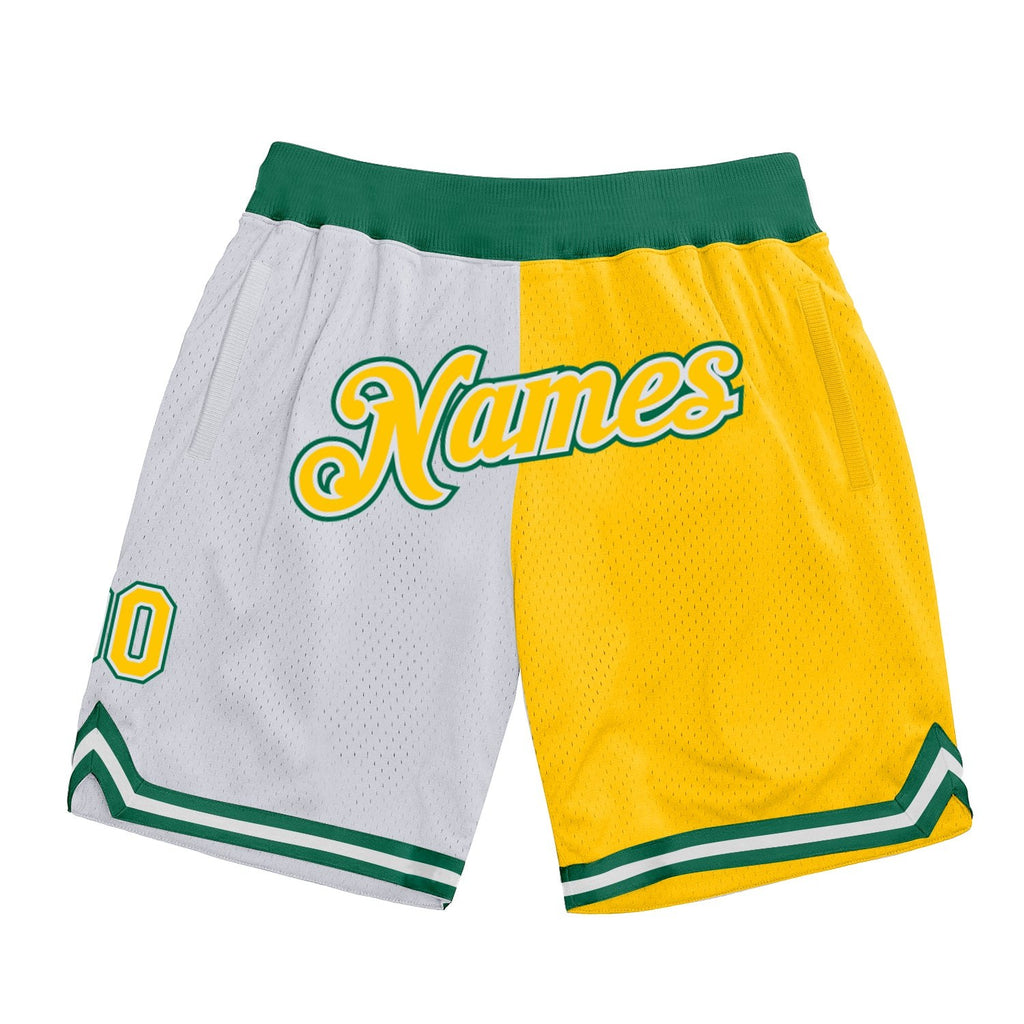 Custom White Gold-Kelly Green Authentic Throwback Split Fashion Basketball Shorts photo 1