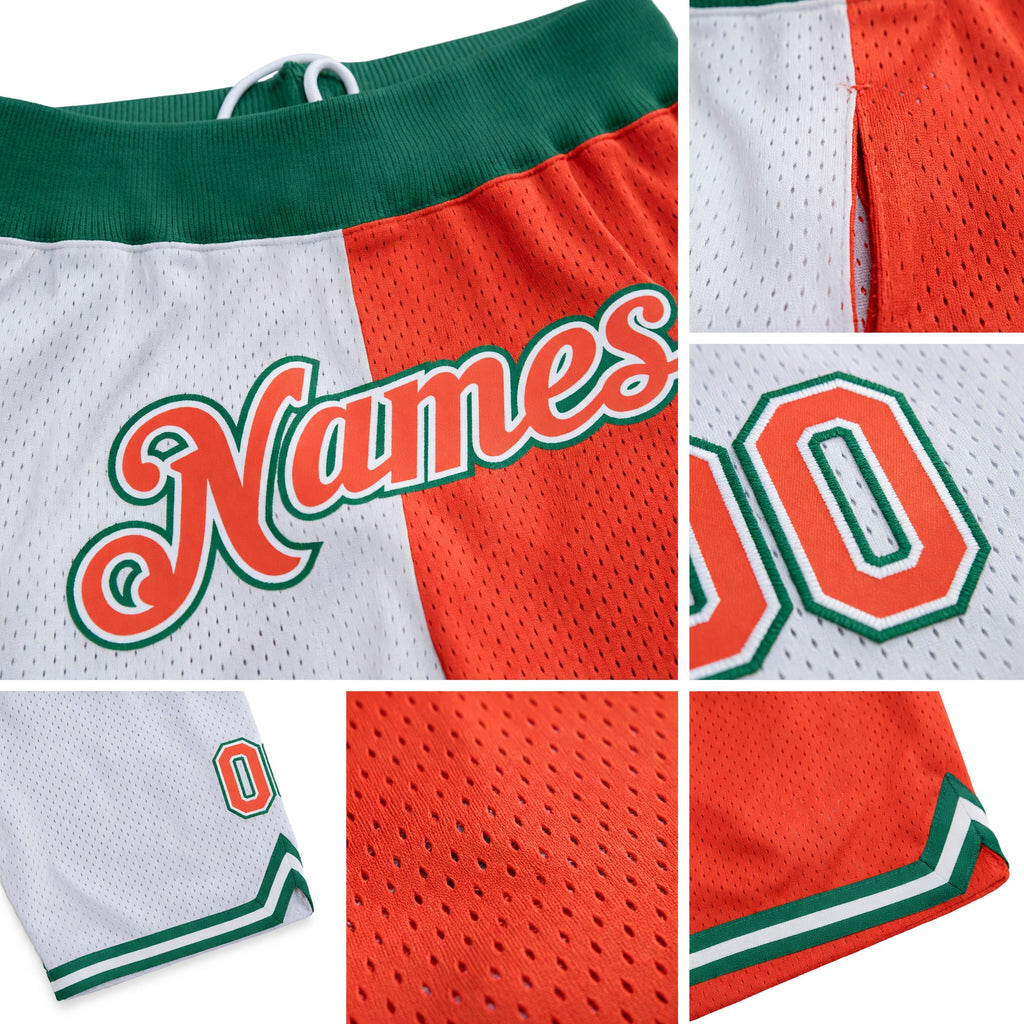 Custom White Orange-Kelly Green Authentic Throwback Split Fashion Basketball Shorts detail