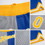 Custom Gray Gold-Blue Authentic Throwback Split Fashion Basketball Shorts detail