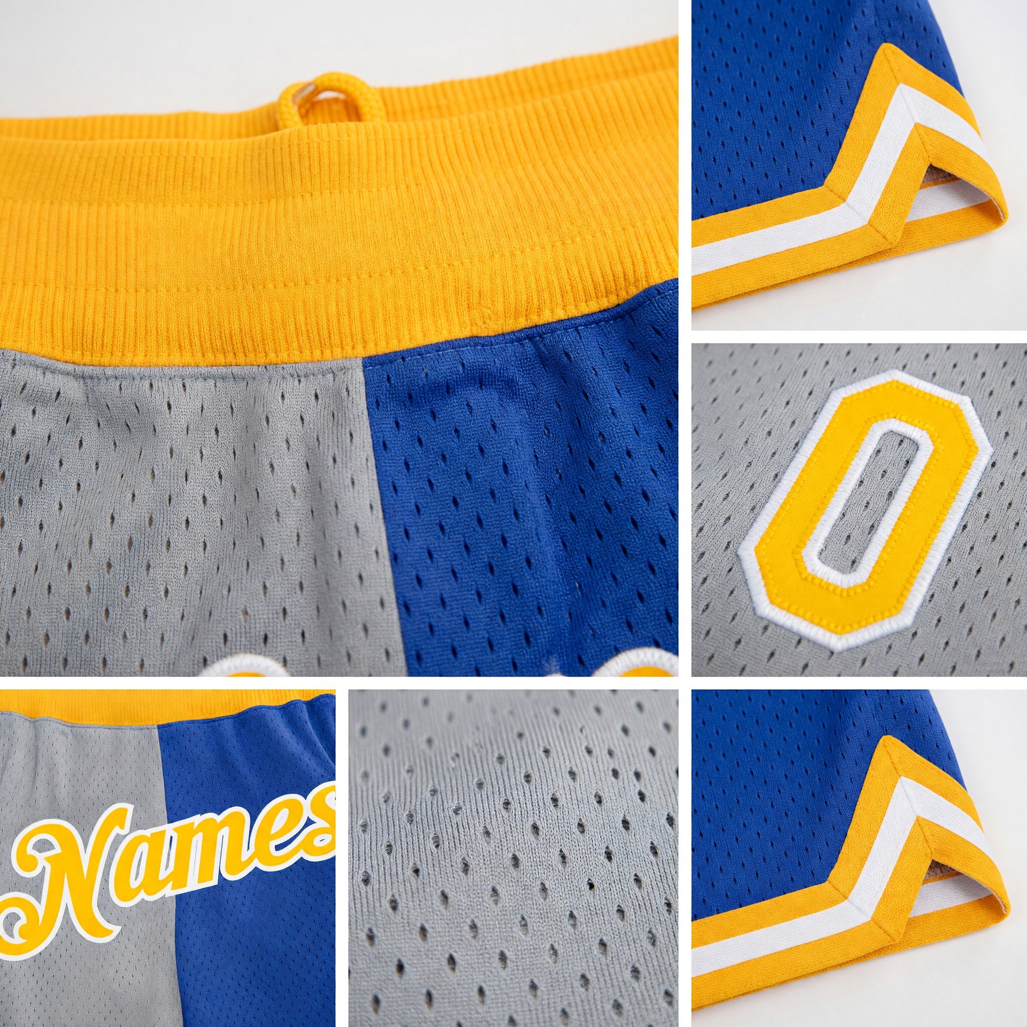 Custom Gray Gold-Blue Authentic Throwback Split Fashion Basketball Shorts detail