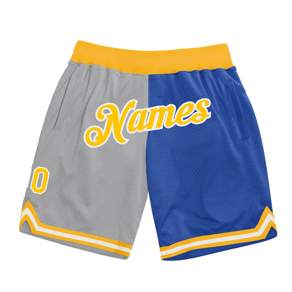 Custom Gray Gold-Blue Authentic Throwback Split Fashion Basketball Shorts photo 1