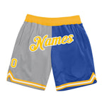 Custom Gray Gold-Blue Authentic Throwback Split Fashion Basketball Shorts photo 1
