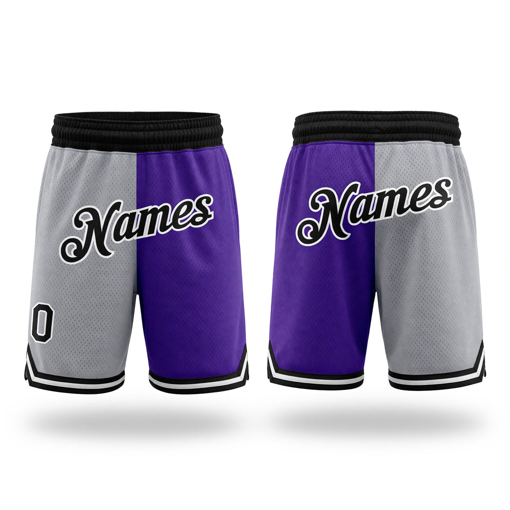 Custom Gray Black-Purple Authentic Throwback Split Fashion Basketball Shorts