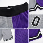 Custom Gray Black-Purple Authentic Throwback Split Fashion Basketball Shorts detail