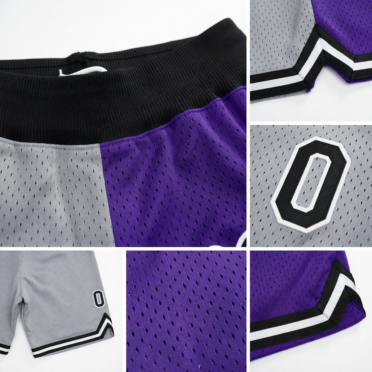 Custom Gray Black-Purple Authentic Throwback Split Fashion Basketball Shorts detail