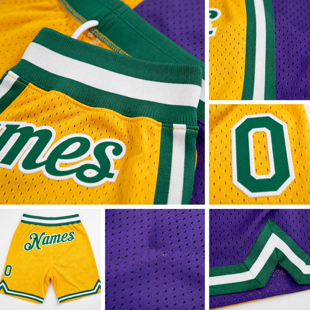 Custom Gold Kelly Green-Purple Authentic Throwback Split Fashion Basketball Shorts detail