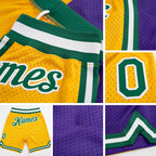 Custom Gold Kelly Green-Purple Authentic Throwback Split Fashion Basketball Shorts detail
