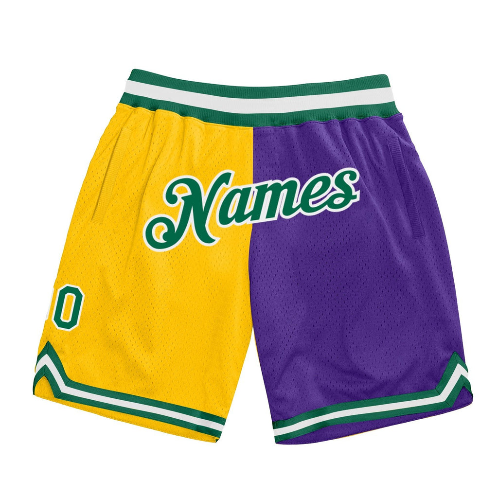 Custom Gold Kelly Green-Purple Authentic Throwback Split Fashion Basketball Shorts photo 1