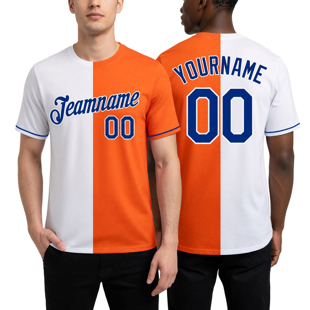 Custom Orange Royal-White Split Fashion Performance T-Shirt worn front and back