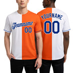 Custom Orange Royal-White Split Fashion Performance T-Shirt worn front and back