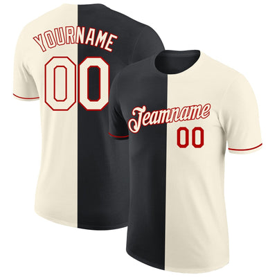 Custom Cream Split Performance T-Shirt with Black and Red Lettering