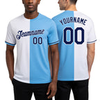 Custom Light Blue Navy-White Split Fashion Performance T-Shirt worn front and back