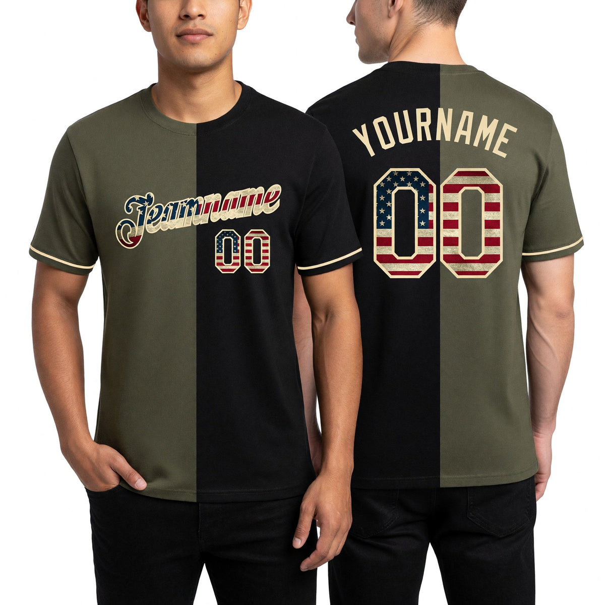 Custom Black Vintage USA Flag Olive-Cream Split Fashion Performance T-Shirt worn front and back