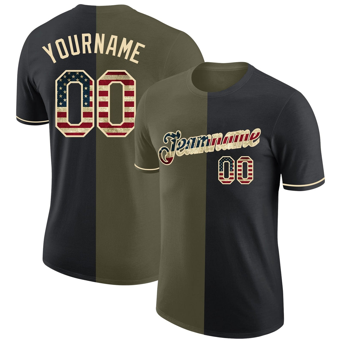 Custom Black Vintage USA Flag Olive-Cream Split Fashion Performance T-Shirt