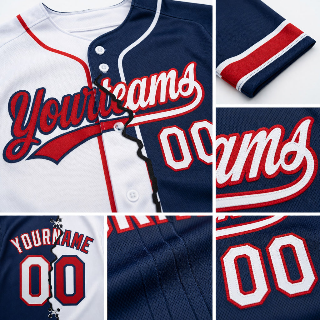 Custom Navy White-Red Split Ripped Pattern Baseball Pullover Sweatshirt Hoodie detail