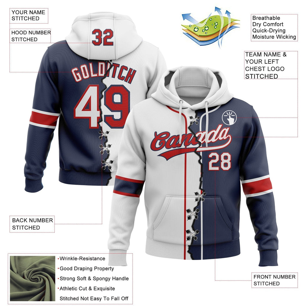 Custom Navy White-Red Split Ripped Pattern Baseball Pullover Sweatshirt Hoodie photo 2