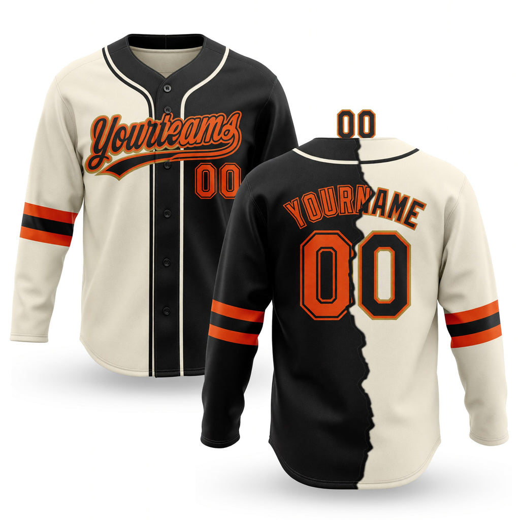 Custom Black Orange Old Gold-Cream Split Ripped Pattern Baseball Pullover Sweatshirt Hoodie