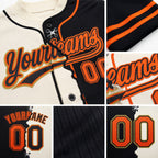 Custom Black Orange Old Gold-Cream Split Ripped Pattern Baseball Pullover Sweatshirt Hoodie detail