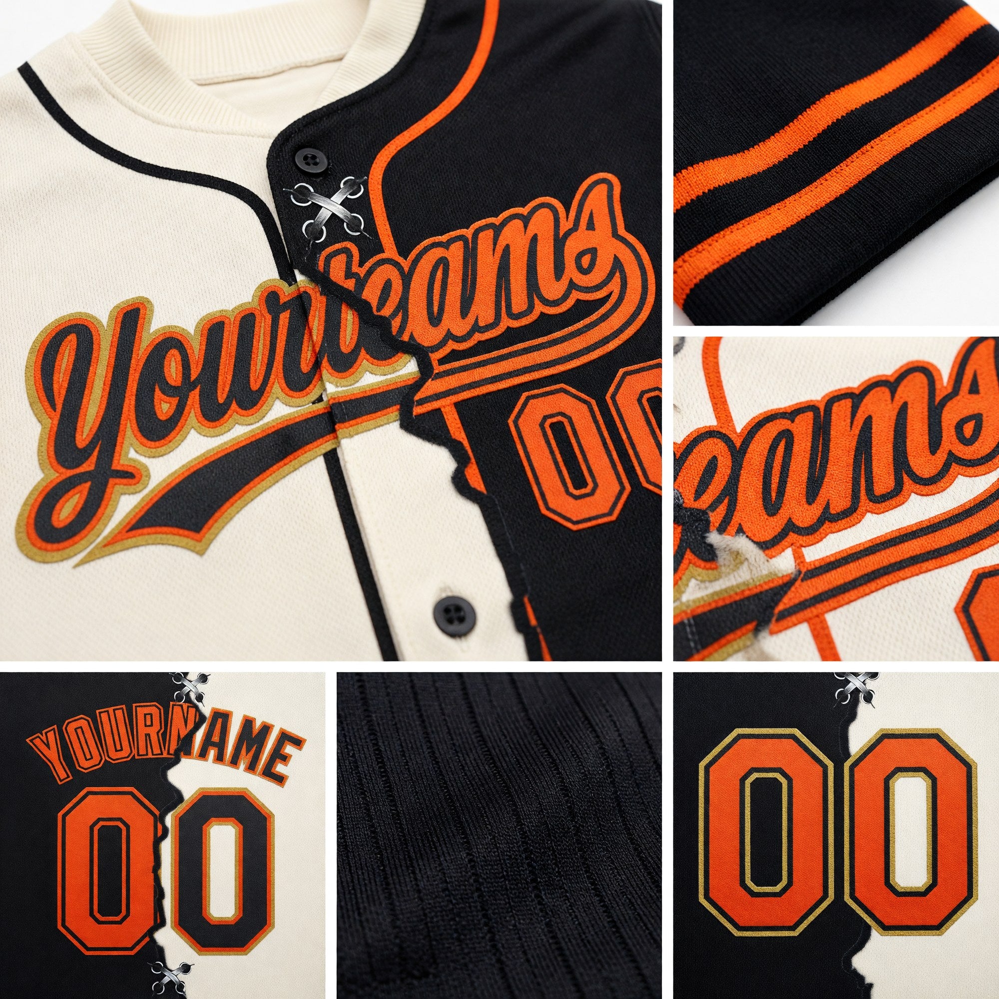 Custom Black Orange Old Gold-Cream Split Ripped Pattern Baseball Pullover Sweatshirt Hoodie detail