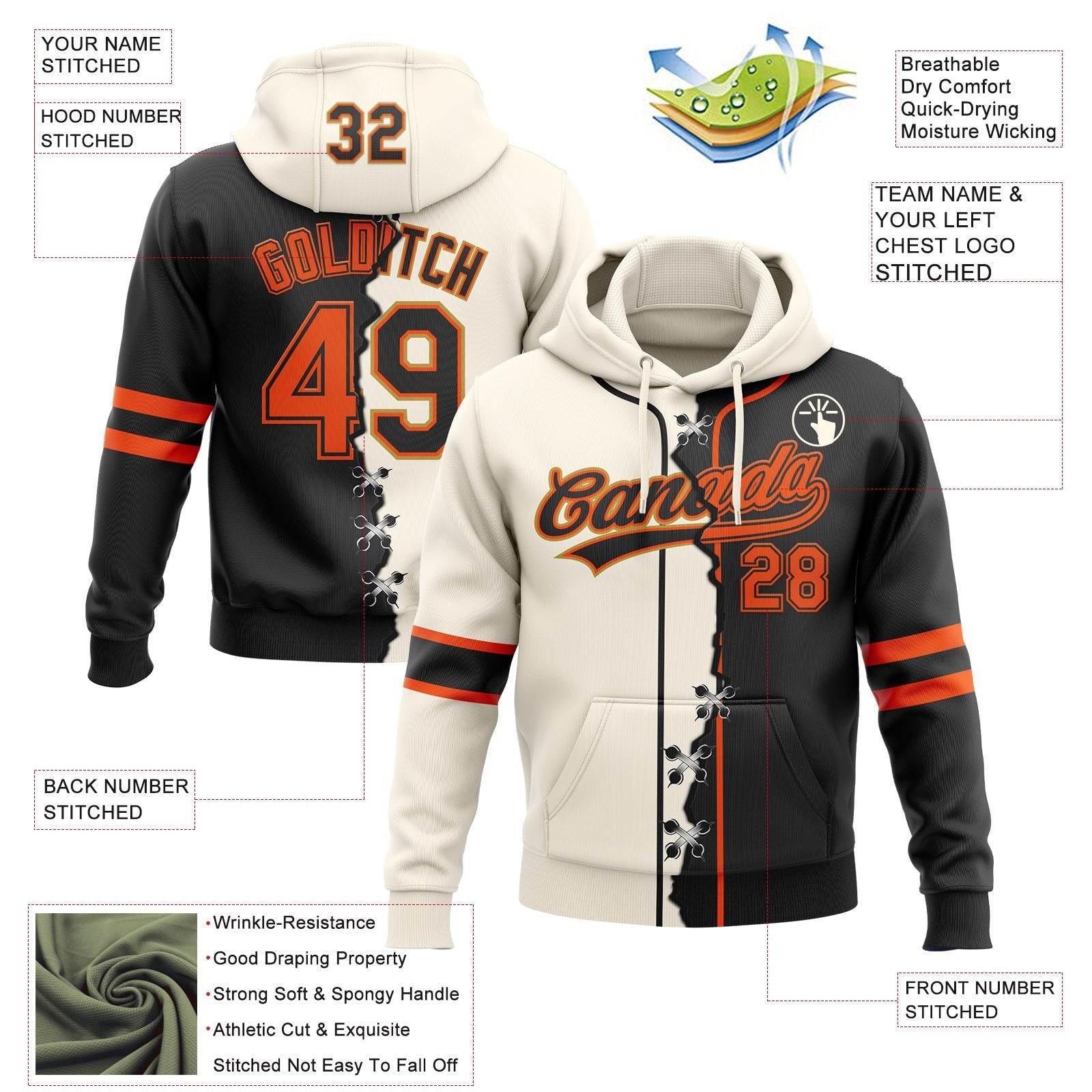 Custom Black Orange Old Gold-Cream Split Ripped Pattern Baseball Pullover Sweatshirt Hoodie photo 2