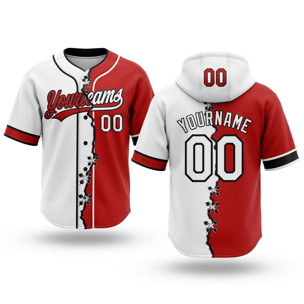 Custom Red White-Black Split Ripped Pattern Baseball Pullover Sweatshirt Hoodie