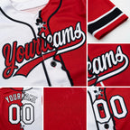 Custom Red White-Black Split Ripped Pattern Baseball Pullover Sweatshirt Hoodie detail