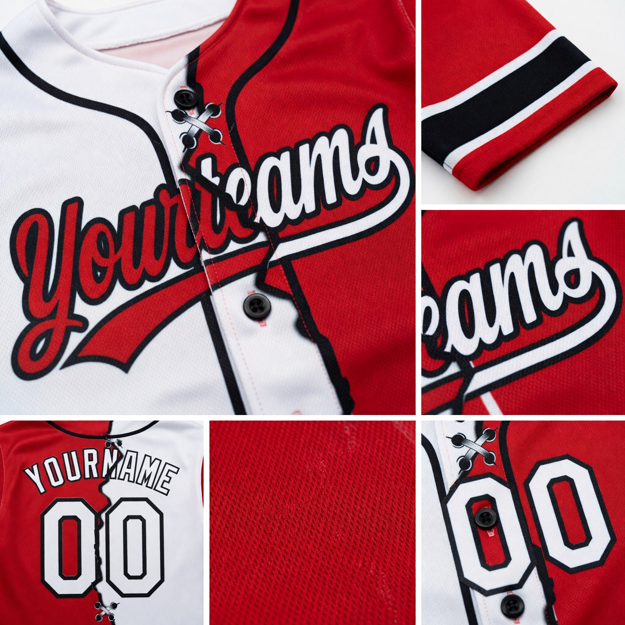 Custom Red White-Black Split Ripped Pattern Baseball Pullover Sweatshirt Hoodie detail