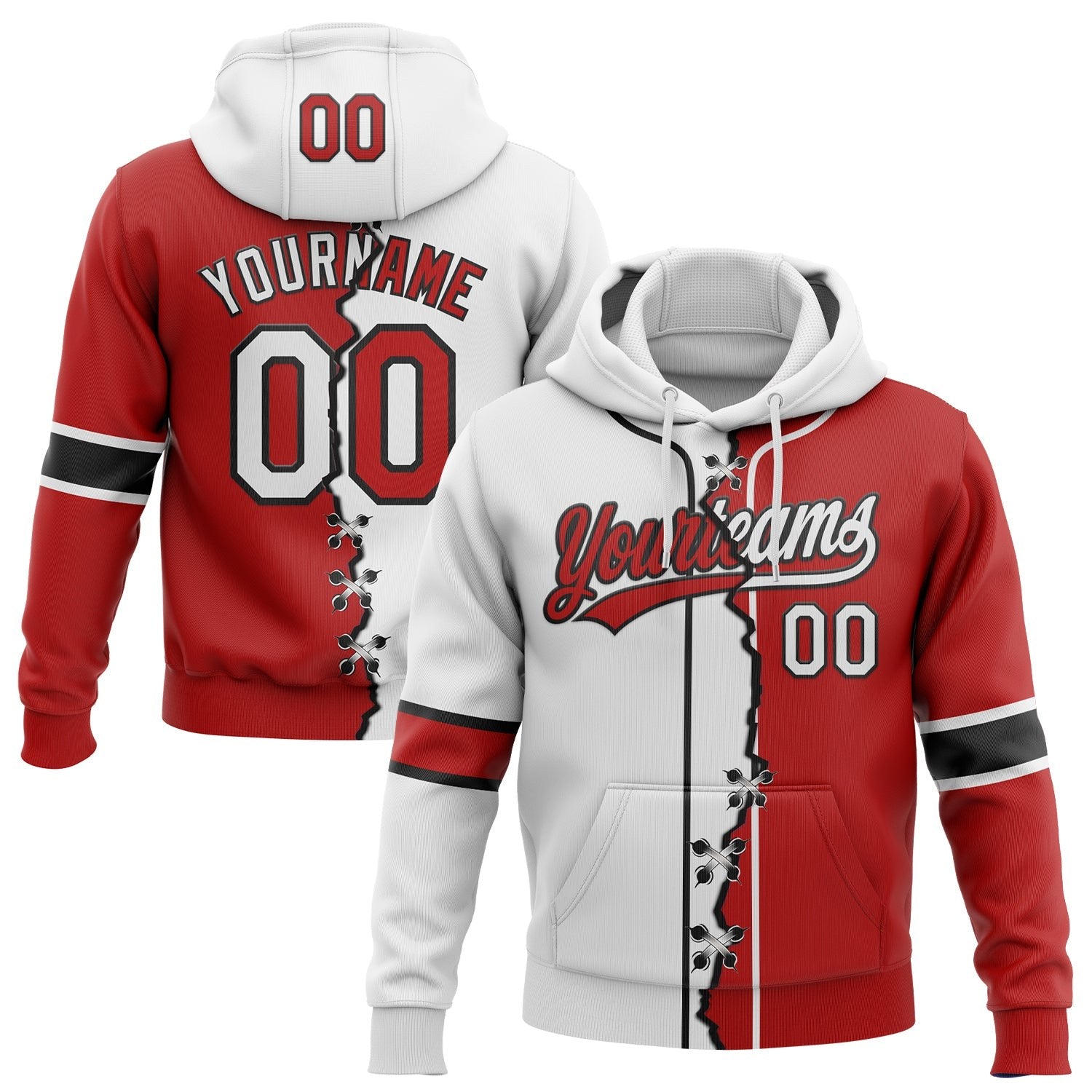 Custom Red White-Black Split Ripped Pattern Baseball Pullover Sweatshirt Hoodie photo 1