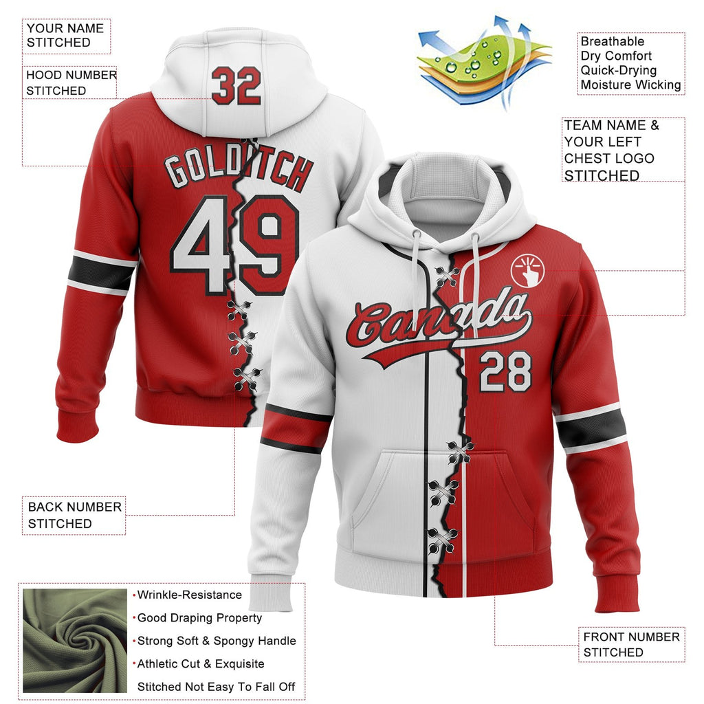 Custom Red White-Black Split Ripped Pattern Baseball Pullover Sweatshirt Hoodie photo 2