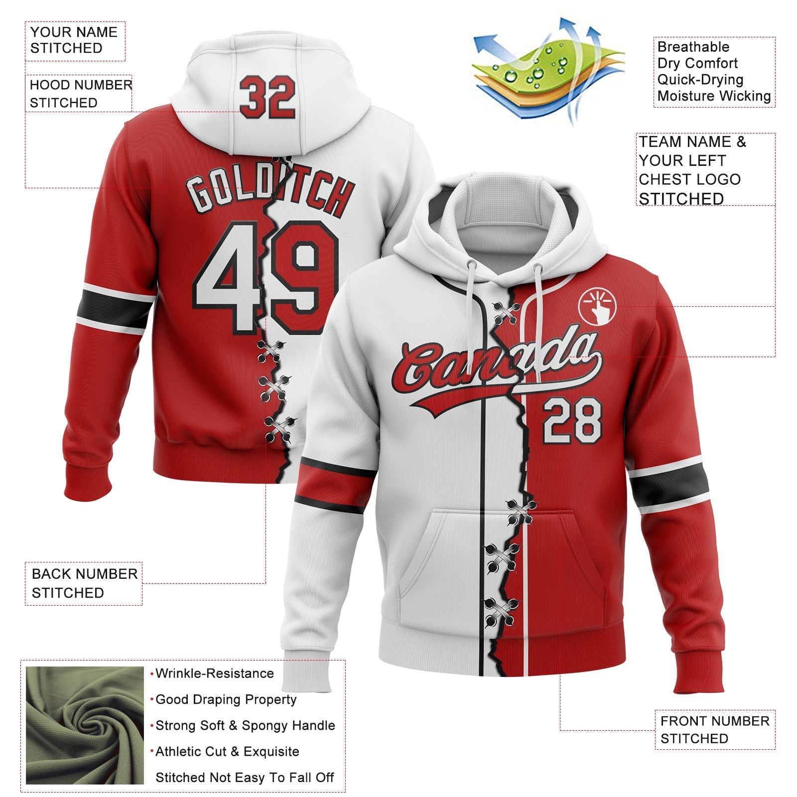 Custom Red White-Black Split Ripped Pattern Baseball Pullover Sweatshirt Hoodie photo 2