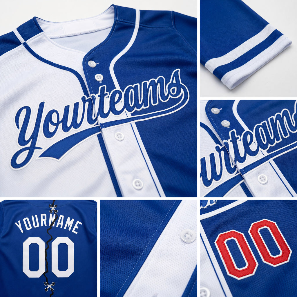 Custom Royal White-Red Split Ripped Pattern Baseball Pullover Sweatshirt Hoodie detail