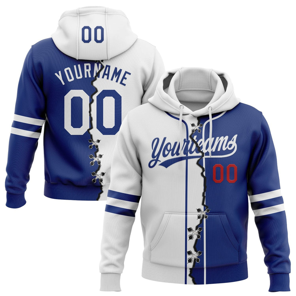 Custom Royal White-Red Split Ripped Pattern Baseball Pullover Sweatshirt Hoodie photo 1