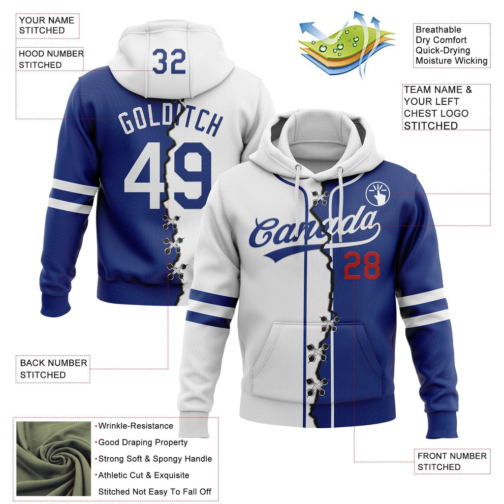 Custom Royal White-Red Split Ripped Pattern Baseball Pullover Sweatshirt Hoodie photo 2