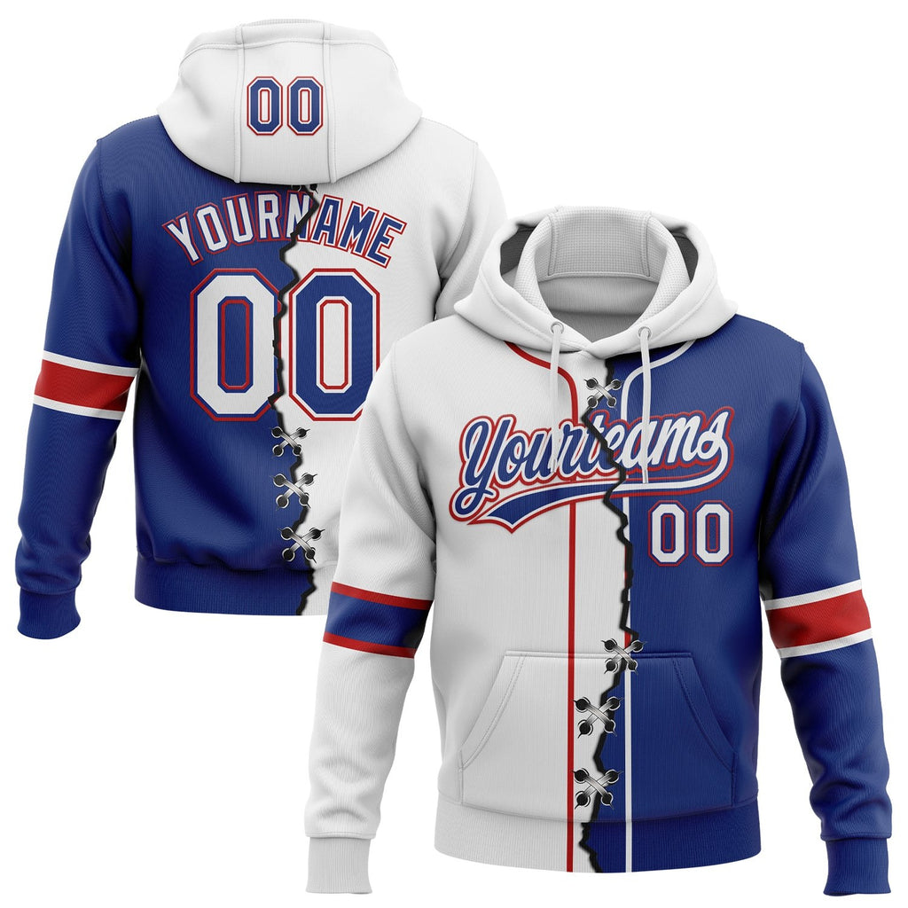 Custom Royal White-Red Split Ripped Pattern Baseball Pullover Sweatshirt Hoodie photo 1