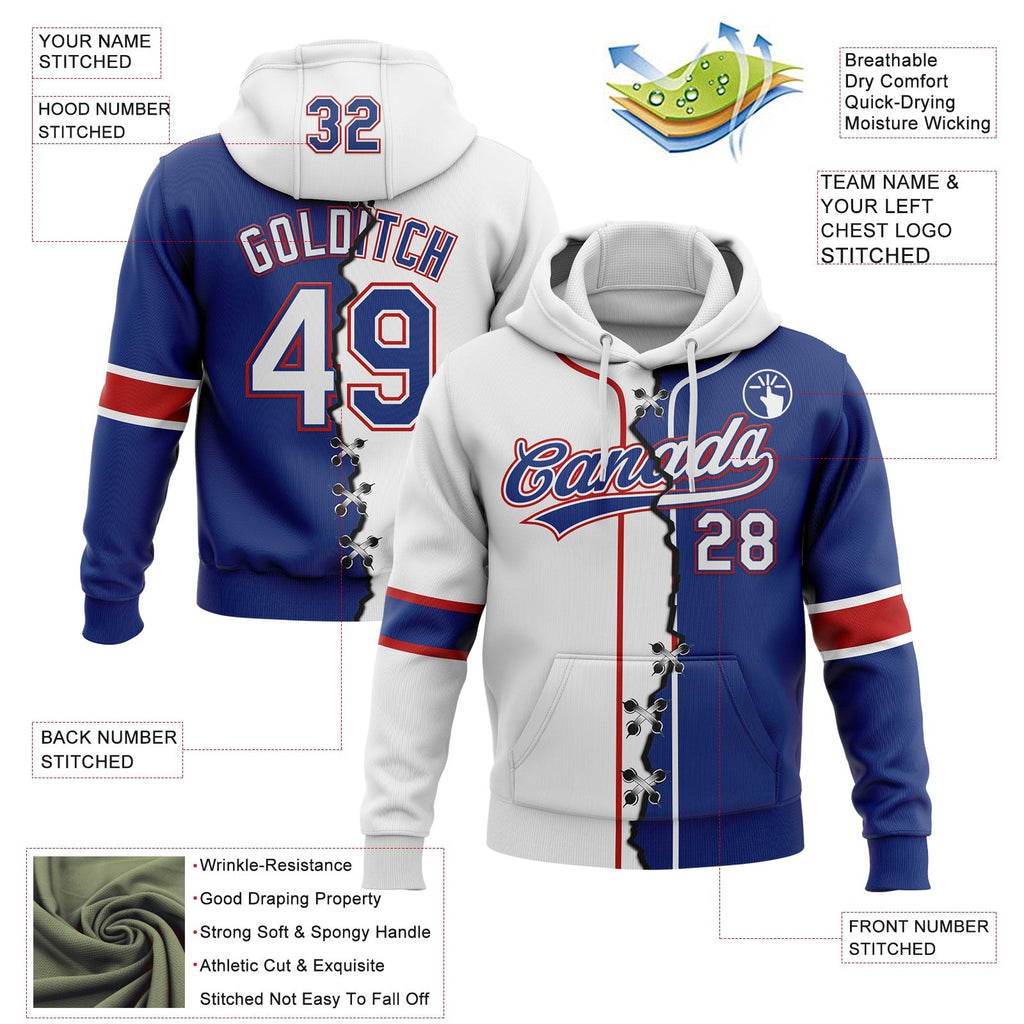 Custom Royal White-Red Split Ripped Pattern Baseball Pullover Sweatshirt Hoodie photo 2
