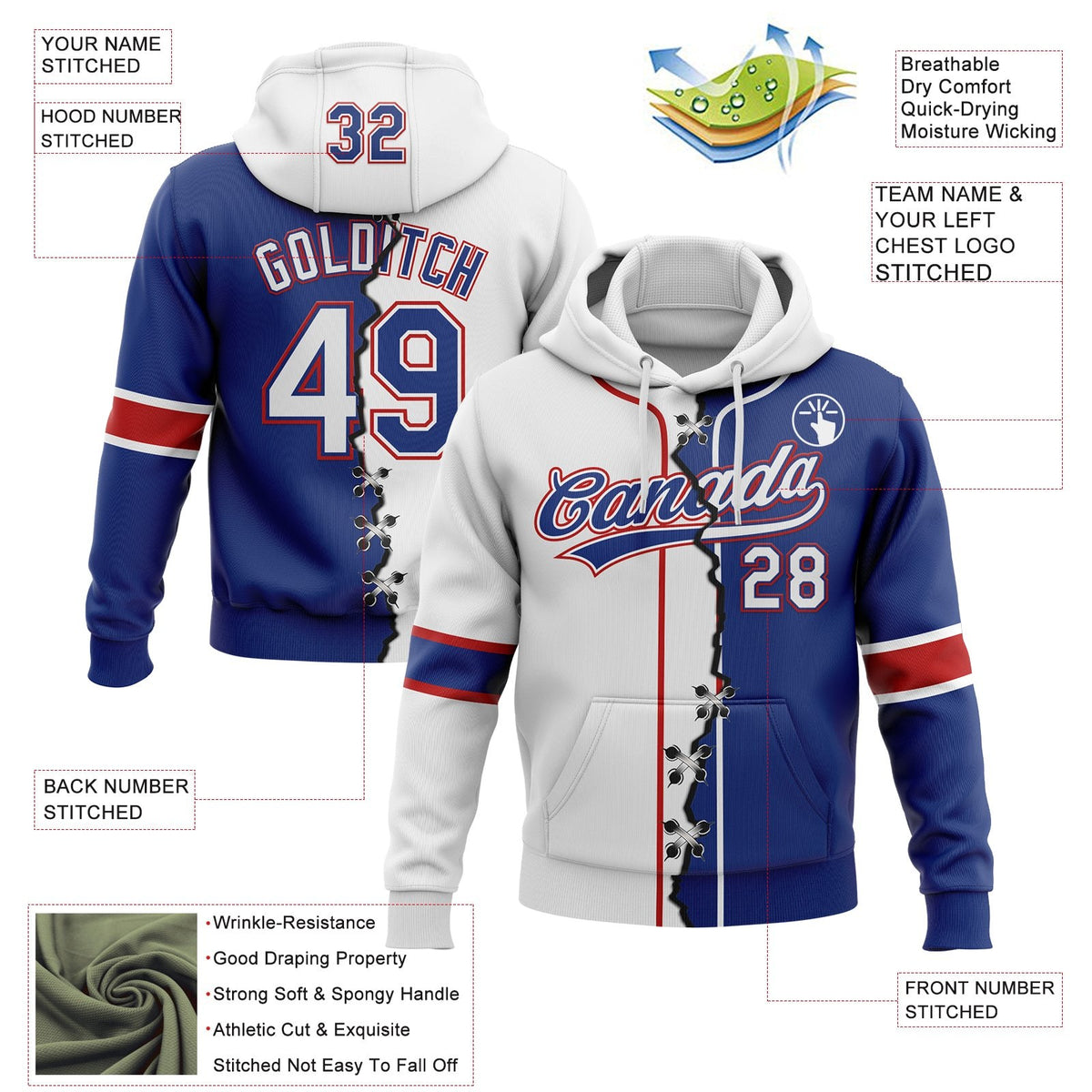 Custom Royal White-Red Split Ripped Pattern Baseball Pullover Sweatshirt Hoodie photo 2